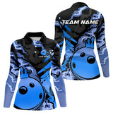 Maxcorners Blue Camo Bowling Polo, Quarter Zip Shirts for Women Custom Bowling Team jerseys, Gift For Bowlers