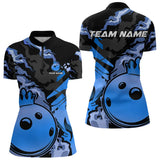 Maxcorners Blue Camo Bowling Polo, Quarter Zip Shirts for Women Custom Bowling Team jerseys, Gift For Bowlers