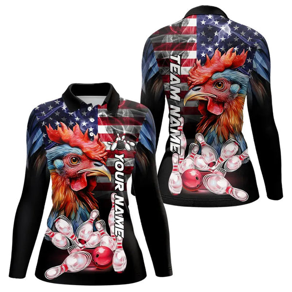 Maxcorners American Flag Rooster Bowling Polo, Quarter Zip Shirts for Women Custom patriotic Team Bowling jerseys