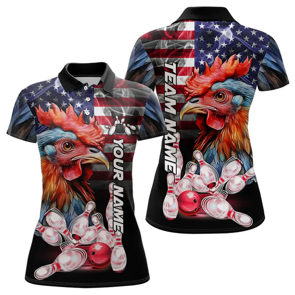 Maxcorners American Flag Rooster Bowling Polo, Quarter Zip Shirts for Women Custom patriotic Team Bowling jerseys