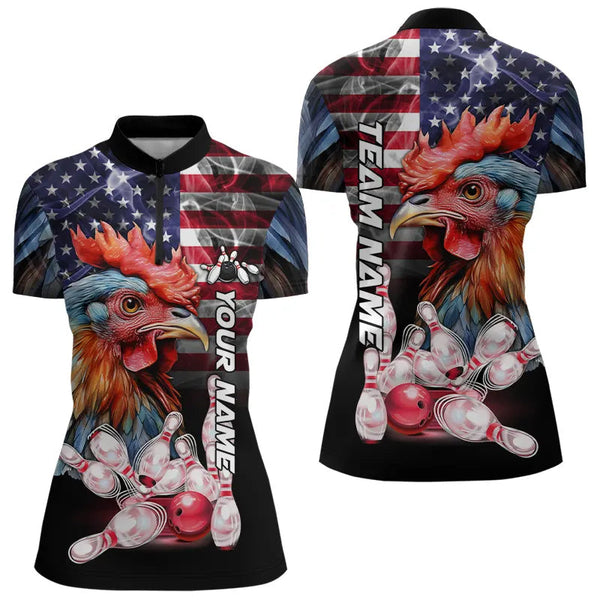 Maxcorners American Flag Rooster Bowling Polo, Quarter Zip Shirts for Women Custom patriotic Team Bowling jerseys