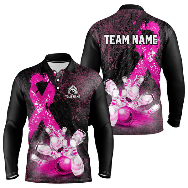 Maxcorners Personalized Pink Ribbons Grunge Bowling Shirts For Men, Custom Breast Cancer Bowling Team Shirts