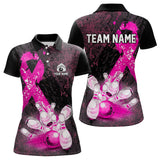 Maxcorners Personalized Pink Ribbons Grunge Bowling Shirts For Men, Custom Breast Cancer Bowling Team Shirts
