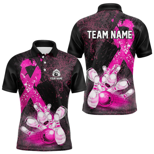 Maxcorners Personalized Pink Ribbons Grunge Bowling Shirts For Men, Custom Breast Cancer Bowling Team Shirts