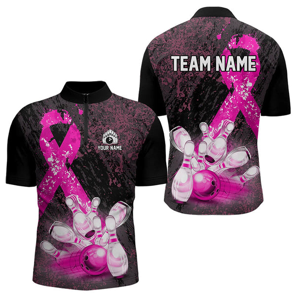 Maxcorners Personalized Pink Ribbons Grunge Bowling Shirts For Men, Custom Breast Cancer Bowling Team Shirts