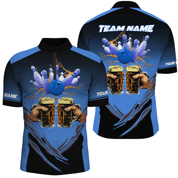 Maxcorners Bowling Ball And Pins Beer Black And Blue Customized Name, Team Name 3D Shirt