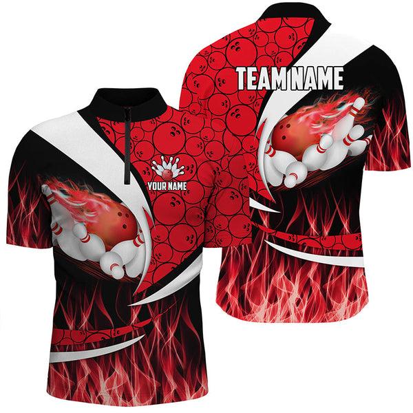 Maxcorners Red Flame Bowling Camo Bowling Polo, Quarter Zip Shirts Custom Bowling Team Bowler Jerseys