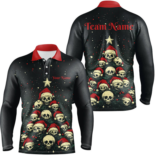 Maxcorners Funny Skull Christmas Tree Mens Bowling Polo, Quarter Zip shirts custom Xmas Team bowling jerseys