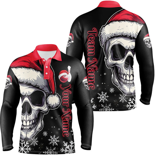 Maxcorners Red and Black Christmas Skull Men Bowling Polo, Quarter Zip shirts custom Xmas Team bowling jerseys