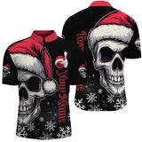 Maxcorners Red and Black Christmas Skull Men Bowling Polo, Quarter Zip shirts custom Xmas Team bowling jerseys