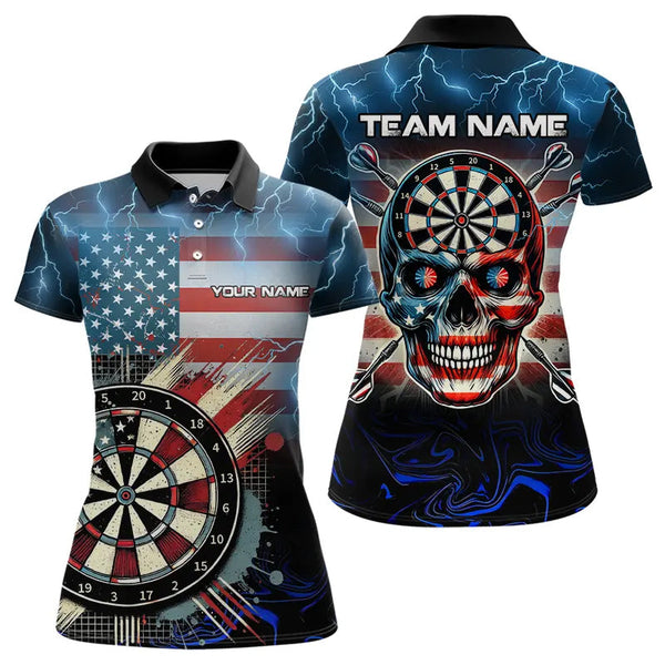 Maxcorners American Flag Skull Dart Board Blue lightning Custom Team Dart Polo, Quarter Zip Shirt For Women