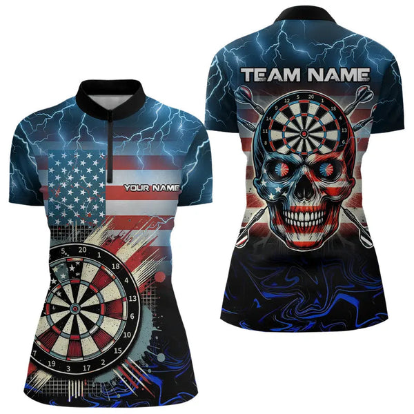 Maxcorners American Flag Skull Dart Board Blue lightning Custom Team Dart Polo, Quarter Zip Shirt For Women