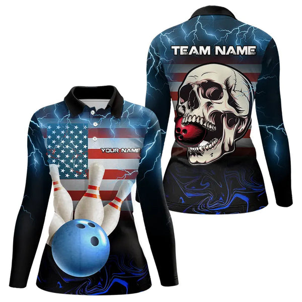 Maxcorners American Flag Skull Bowling Blue lightning thunder Bowling Shirt for Women Custom Team Bowling jerseys