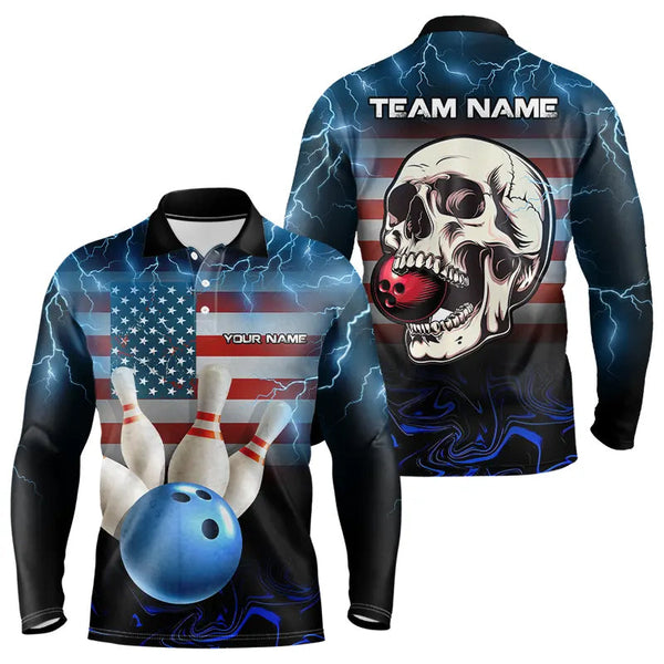 Maxcorners American Flag Skull Bowling Blue lightning thunder Bowling Shirt for Men Custom Team Bowling jerseys
