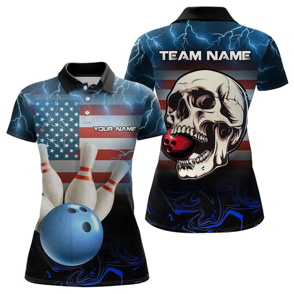 Maxcorners American Flag Skull Bowling Blue lightning thunder Bowling Shirt for Women Custom Team Bowling jerseys