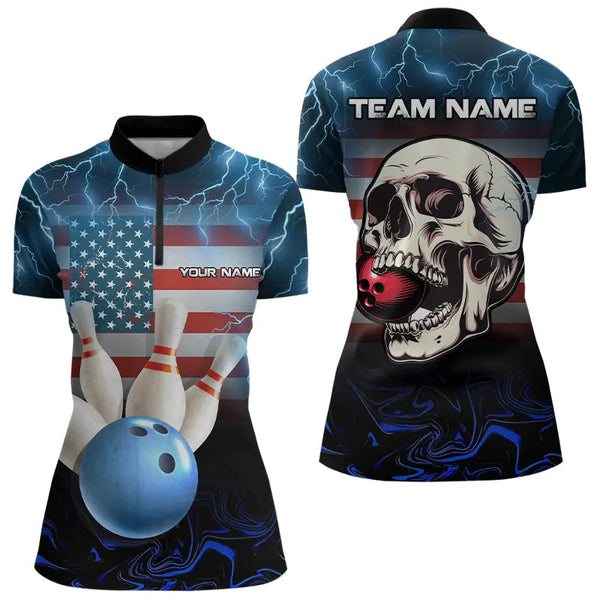 Maxcorners American Flag Skull Bowling Blue lightning thunder Bowling Shirt for Women Custom Team Bowling jerseys