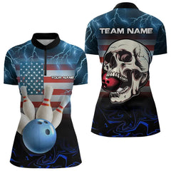 Maxcorners American Flag Skull Bowling Blue lightning thunder Bowling Shirt for Women Custom Team Bowling jerseys