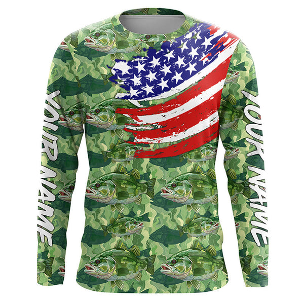 Maxcorners Green Largemouth Bass camo fishing American flag Custom performance long sleeve Bass fishing shirts MT2108