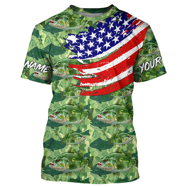 Maxcorners Green Largemouth Bass camo fishing American flag Custom performance long sleeve Bass fishing shirts MT2108