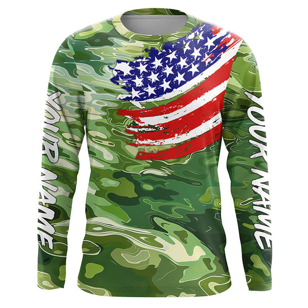 Maxcorners Green camo fishing American flag Custom patriot performance long sleeve fishing tournament shirts MT2108