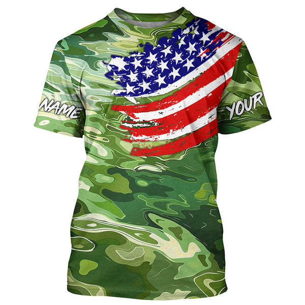 Maxcorners Green camo fishing American flag Custom patriot performance long sleeve fishing tournament shirts MT2108