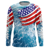Maxcorners Blue ocean sea wave camo fishing American flag Custom patriot long sleeve fishing tournament shirts MT2108
