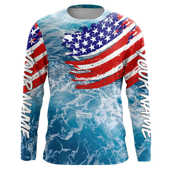 Maxcorners Blue ocean sea wave camo fishing American flag Custom patriot long sleeve fishing tournament shirts MT2108