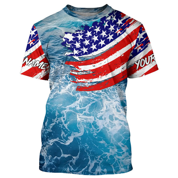 Maxcorners Blue ocean sea wave camo fishing American flag Custom patriot long sleeve fishing tournament shirts MT2108
