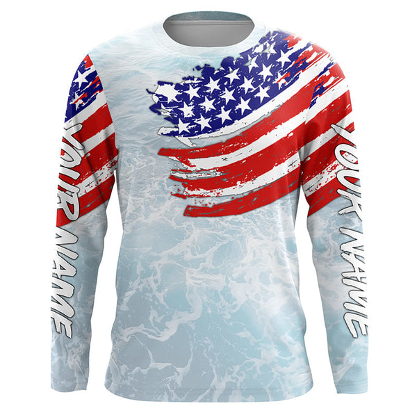 Maxcorners Ocean sea wave camo fishing Custom American flag patriot performance long sleeve fishing jerseys MT2108