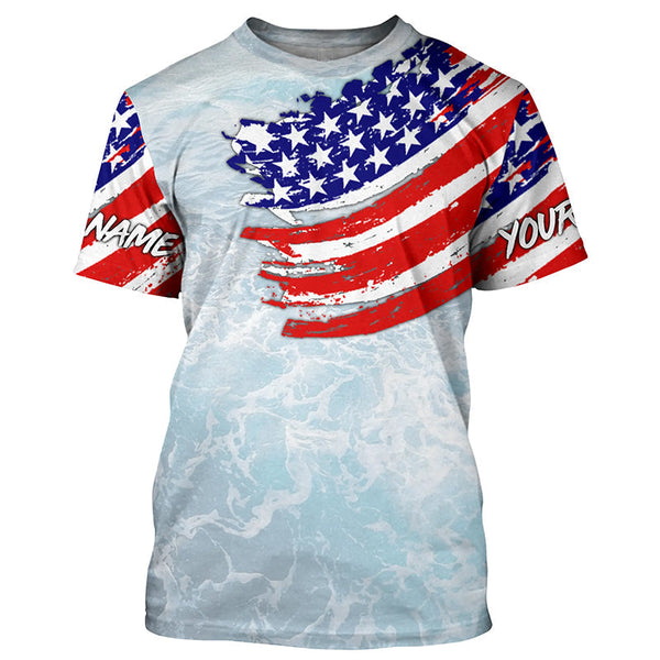 Maxcorners Ocean sea wave camo fishing Custom American flag patriot performance long sleeve fishing jerseys MT2108