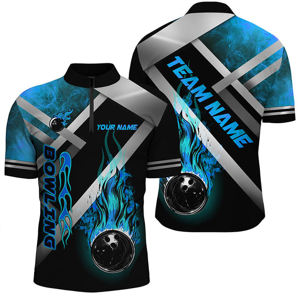 MaxCorners Bowling And Pins Black Ball Flame Customized Name, Team Name 3D Stand Collar Zipper Polo Shirt For Men