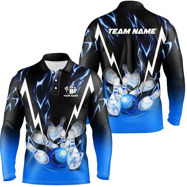 Maxcorners Bowling Ball And Pins Black And Blue Lightning ThunderCustomized Name, Team Name 3D Shirt