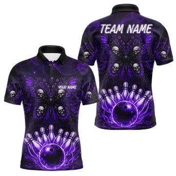 Maxcorners Personalized Black & Purple bowling jersey Butterfly skull Bowling Team Shirts, bowling gifts for men