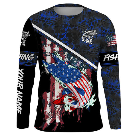 Maxcorners American Flag Musky fishing blue camo Custom name long sleeve muskie Fishing Shirts LM2408