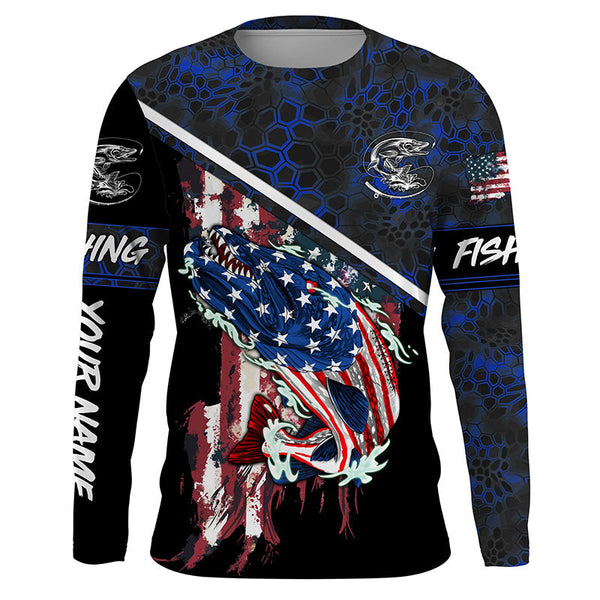 Maxcorners American Flag Northern pike fishing blue camo Custom name long sleeve Fishing Shirts LM2408