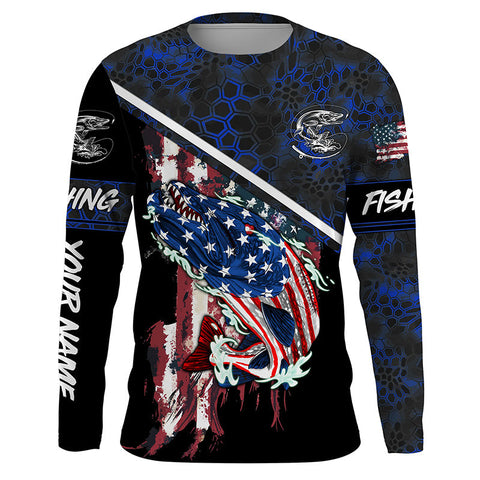 Maxcorners American Flag Northern pike fishing blue camo Custom name long sleeve Fishing Shirts LM2408