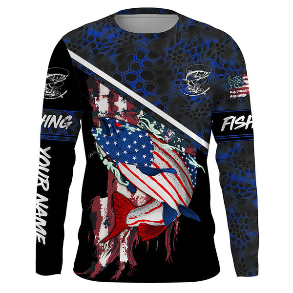 Maxcorners American Flag trout fishing blue camo Custom name trout long sleeve Fishing Shirts LM2408