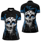 Maxcorners Custom Black And Blue Flame Galaxy Skull Bowling Shirts For Men, Skull Bowling Team Shirts Uniform