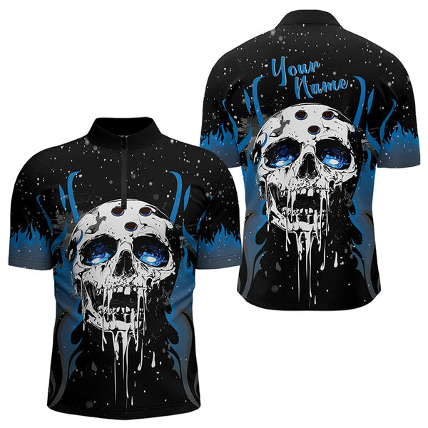 Maxcorners Custom Black And Blue Flame Galaxy Skull Bowling Shirts For Men, Skull Bowling Team Shirts Uniform