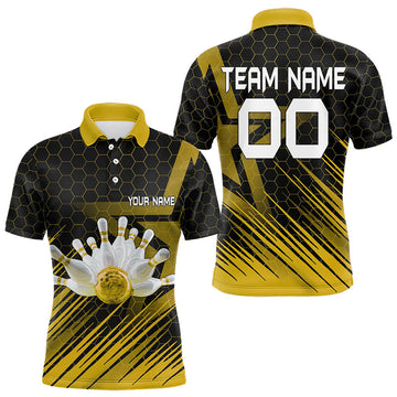 Maxcorners Black And Gold Custom Bowling Polo, Quarter Zip Shirts For Men, Bowling Team League Jersey