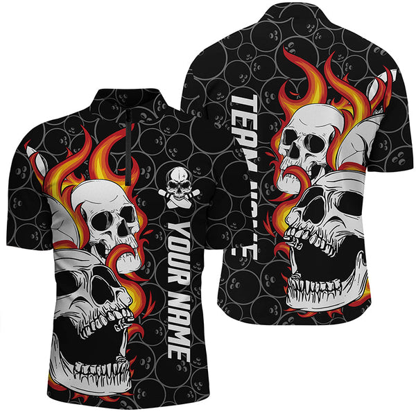 MaxCorners Bowling Ball And Pins Flame Skull Team League Jerseys Customized Name, Team Name 3D Stand Collar Zipper Polo Shirt