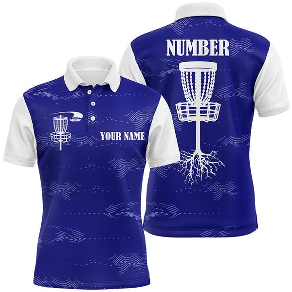 Maxcorners Blue and white Mens disc golf polo shirts custom disc golf basket, personalized disc golf gifts MT0510