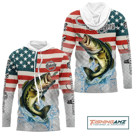 Maxcorners Custom Name American Flag Largemouth Bass Long Sleeve Fishing Shirt, patriotic Bass Fishing jersey LM0201