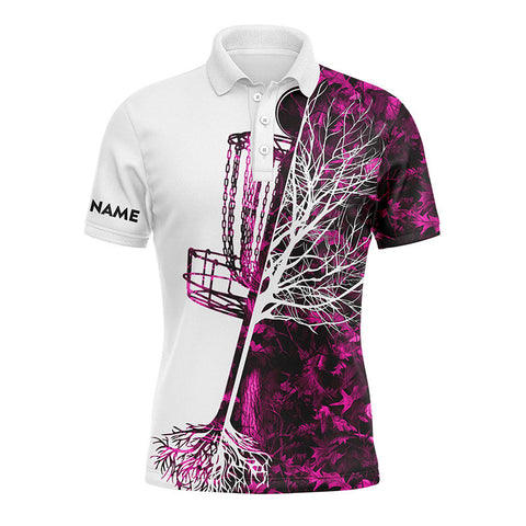 Maxcorners Mens disc golf polo shirt custom name pink camo disc golf basket, personalized disc golf shirts MT0510