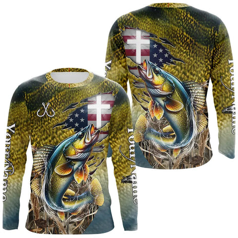 Maxcorners Walleye Fishing Scales Camo American Flag Faith patriotic Custom UV protection long sleeves shirts LM0607