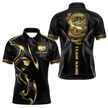 Maxcorners Black and Gold Dragon Bowling ball Polo, Quarter Zip Shirts for Men Custom Bowling Team jerseys LM2901