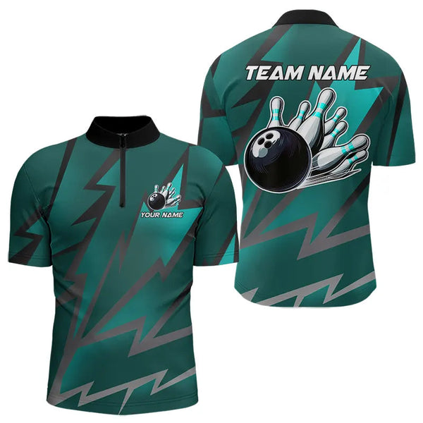 Maxcorners Cyan Blue Lightning Thunder Storm Team Bowling Shirt For Men & Women Custom Bowling Polo, Quarter Zip Jersey