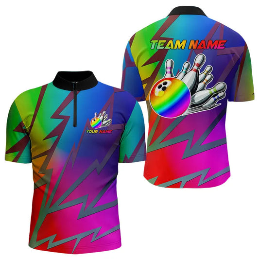 Maxcorners Colorful Rainbow Lightning Thunder Team Bowling Shirt For Men & Women Custom Bowling Polo, 1/4 Zip Jersey