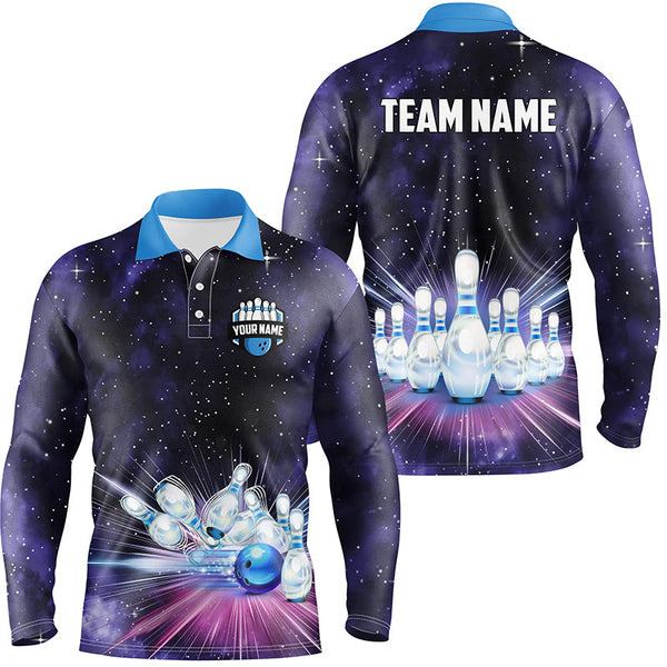 Maxcorners Purple Galaxy Bowling Polo, Quarter Zip Shirt Custom Team Bowling Jerseys, Gift For Bowler