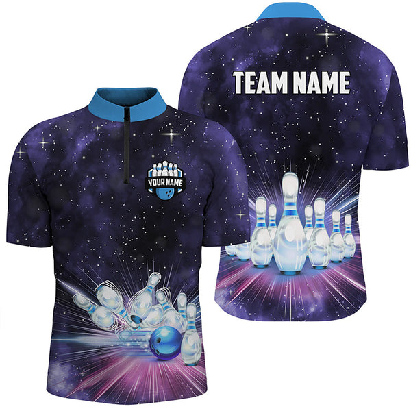 Maxcorners Purple Galaxy Bowling Polo, Quarter Zip Shirt Custom Team Bowling Jerseys, Gift For Bowler